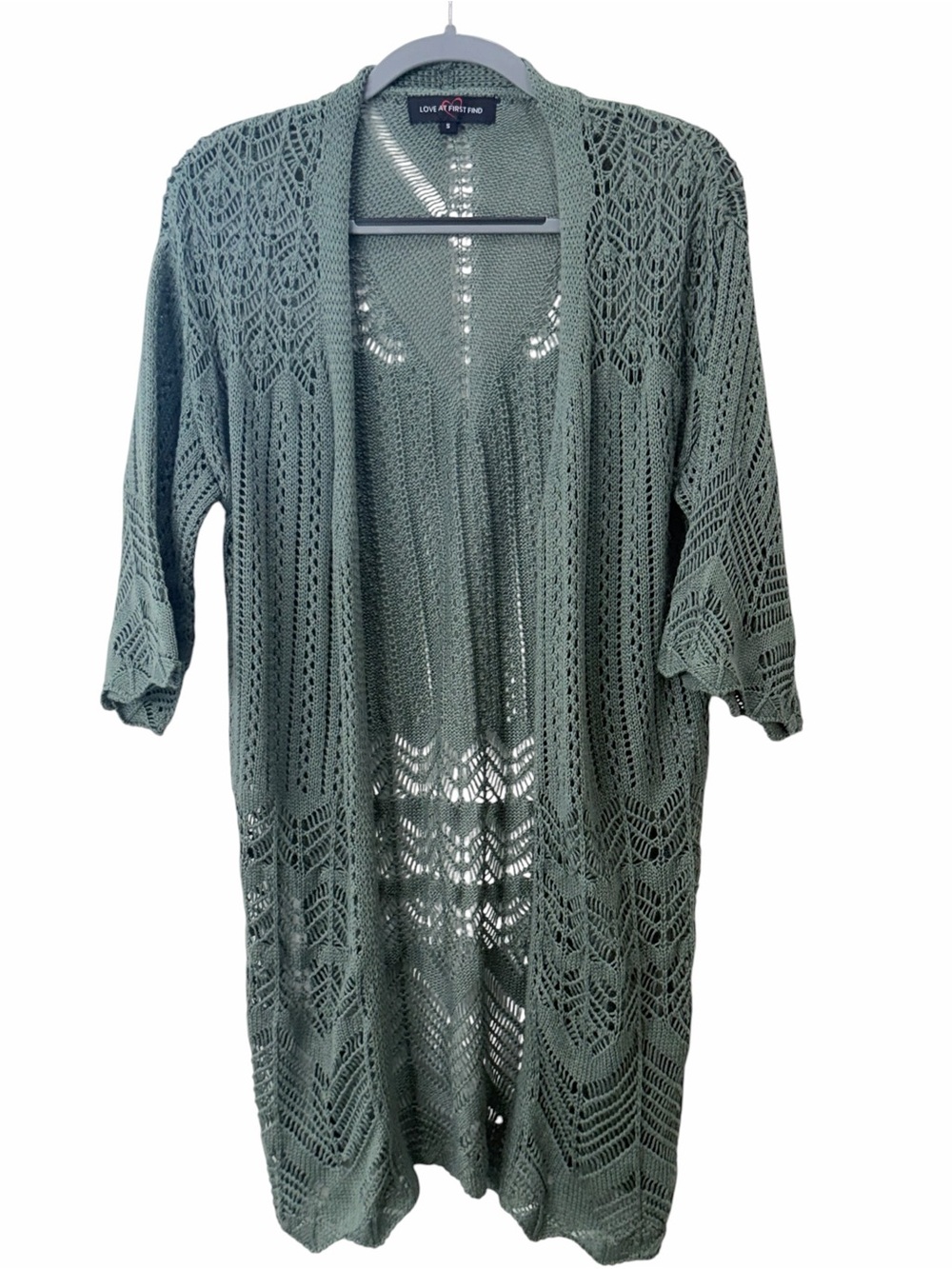 Love at First Find Sage Green Crochet Knit Duster Cardigan Size Small Boho